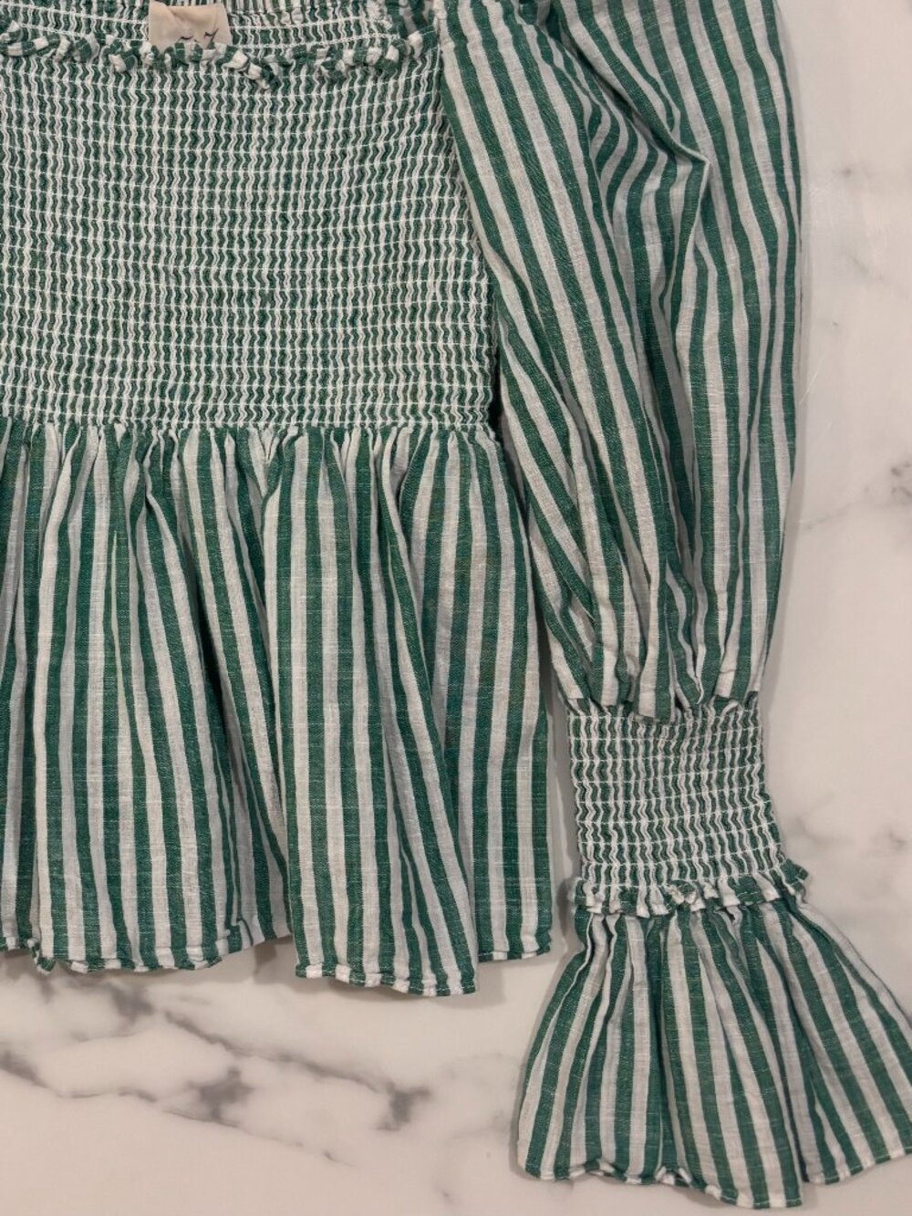 5à7 Cinq a Sept Smocked Stripe Crop Blouse | Puff Sleeve | Cotton | XS | Green W